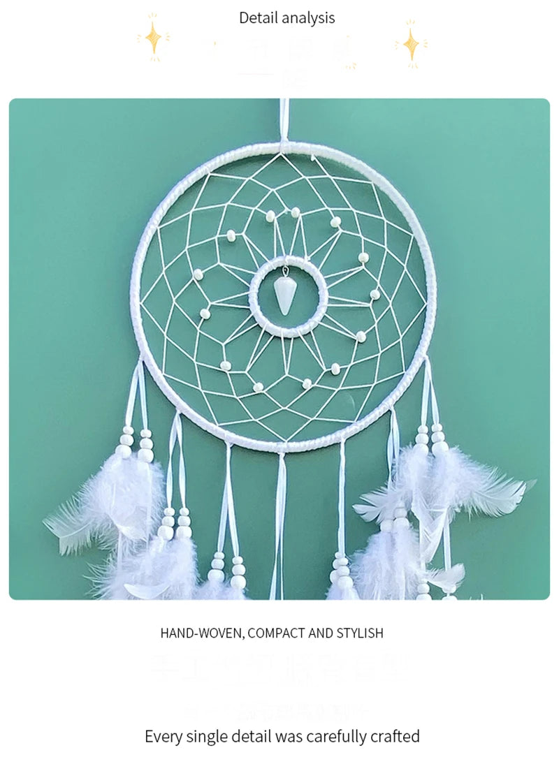 Nordic Dream Catcher Handmade  White Feather Wind Chimes Crystal Wall Pendant Birthday Festival Gifts Bedroom Hanging Ornaments