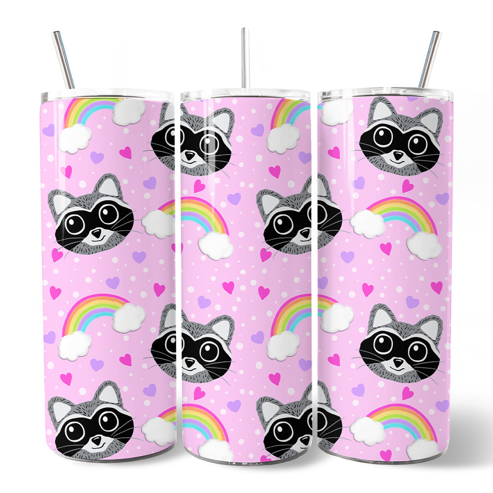 Pink Raccoon Rainbow Pattern 20oz Personalized Tumbler With Lid and Stainless Steel Straw, Colorful Woodland Animal Gift Cup