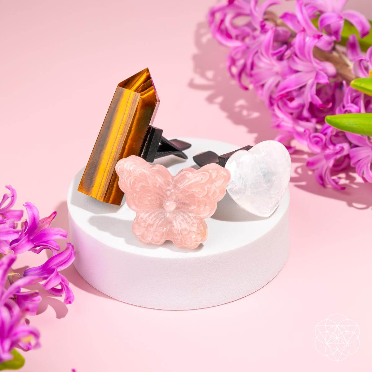 Butterfly Crystal Car Vent Clip Set | Rose Quartz & Tiger’s Eye
