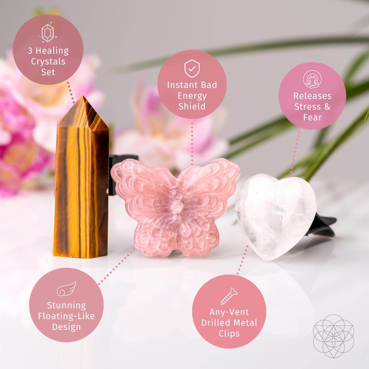 Butterfly Crystal Car Vent Clip Set | Rose Quartz & Tiger’s Eye