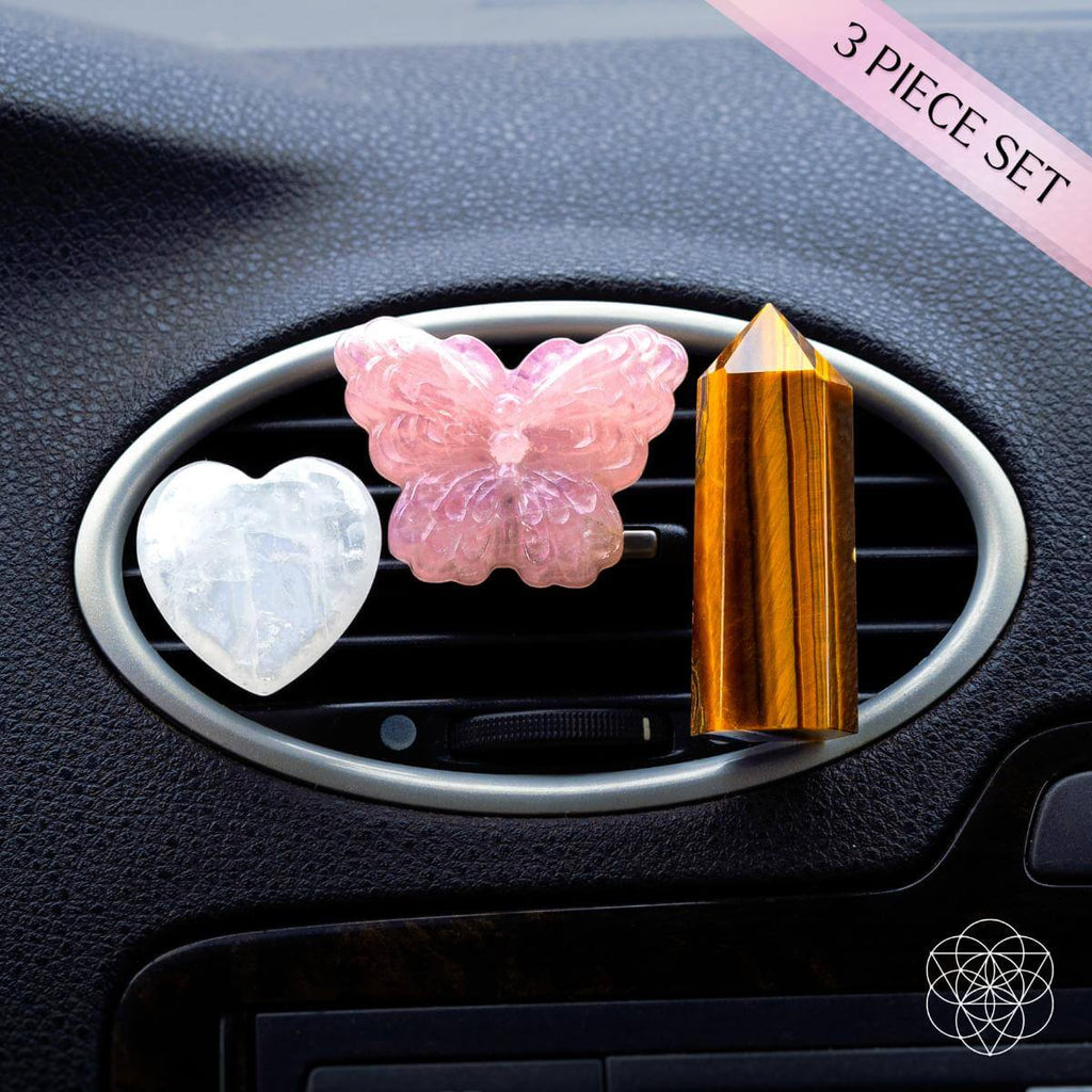 Butterfly Crystal Car Vent Clip Set | Rose Quartz & Tiger’s Eye