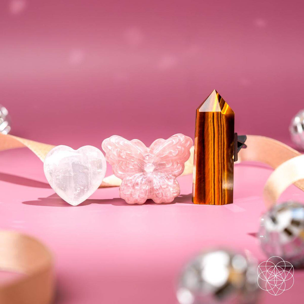 Butterfly Crystal Car Vent Clip Set | Rose Quartz & Tiger’s Eye