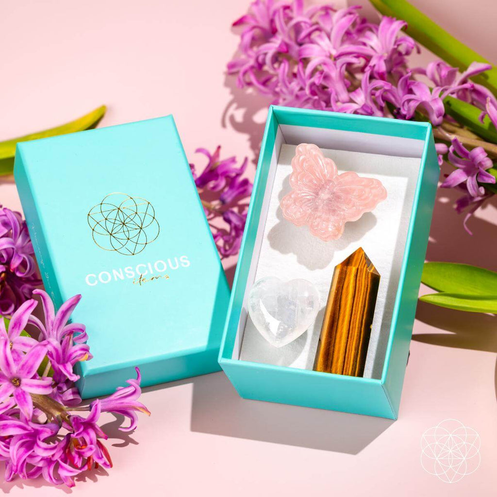 Butterfly Crystal Car Vent Clip Set | Rose Quartz & Tiger’s Eye