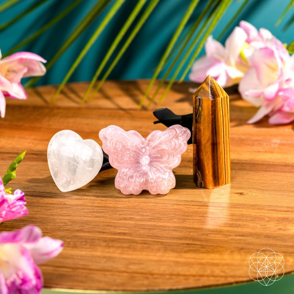Butterfly Crystal Car Vent Clip Set | Rose Quartz & Tiger’s Eye