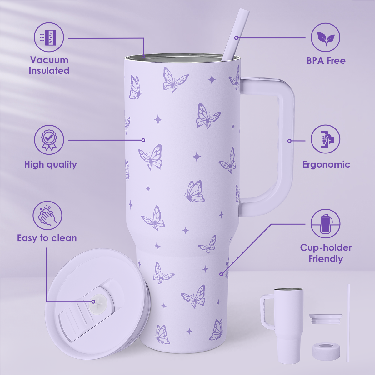 Purple Butterfly Slidemate | Slider Tumbler with Handle 40oz