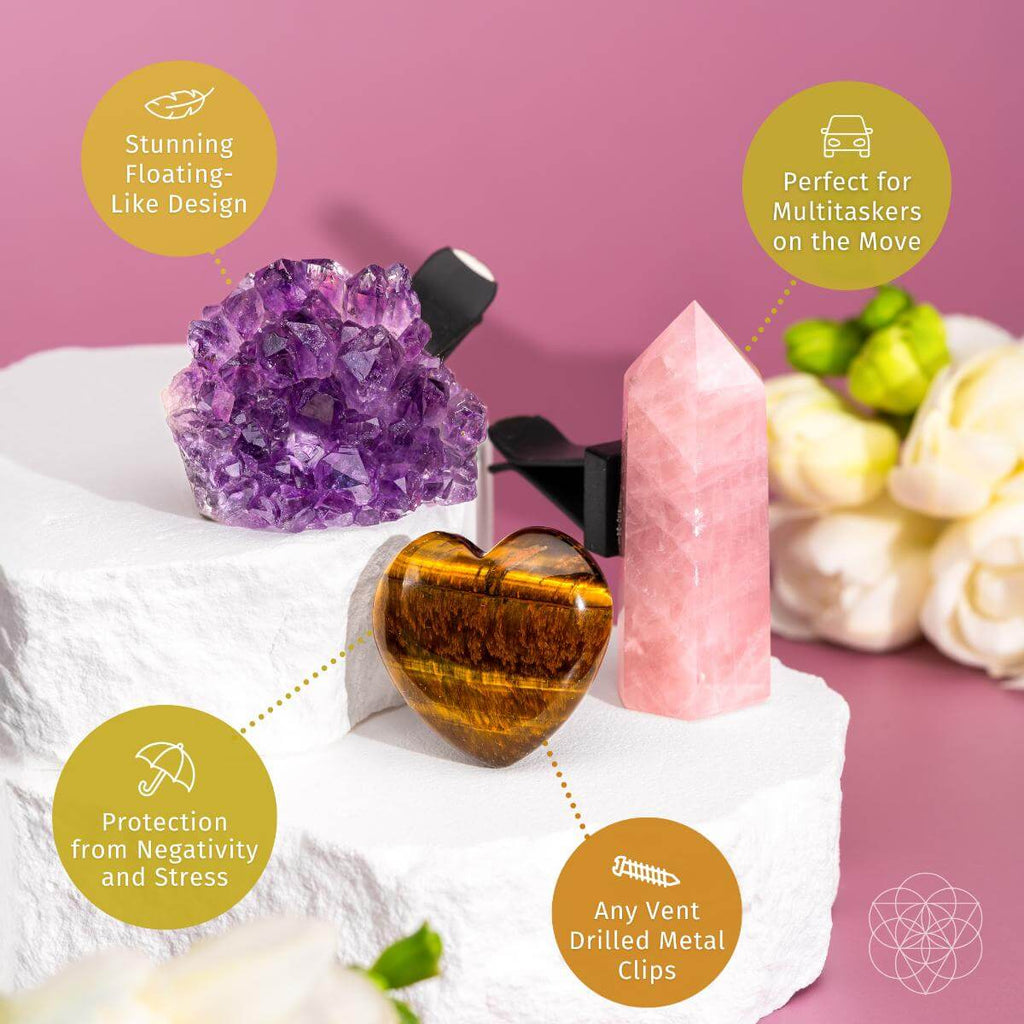 Mindful Moments Crystal Car Vent Clip Set | Amethyst & Tiger’s Eye
