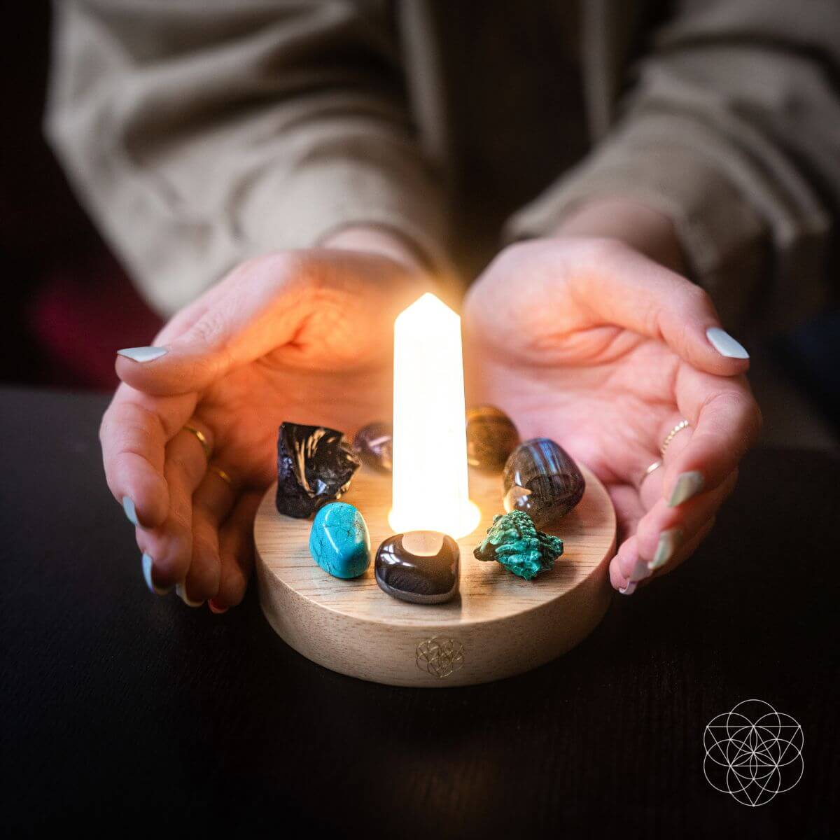 Selenite & Eight-Stone Crystal Lamp | Sacred Mandala