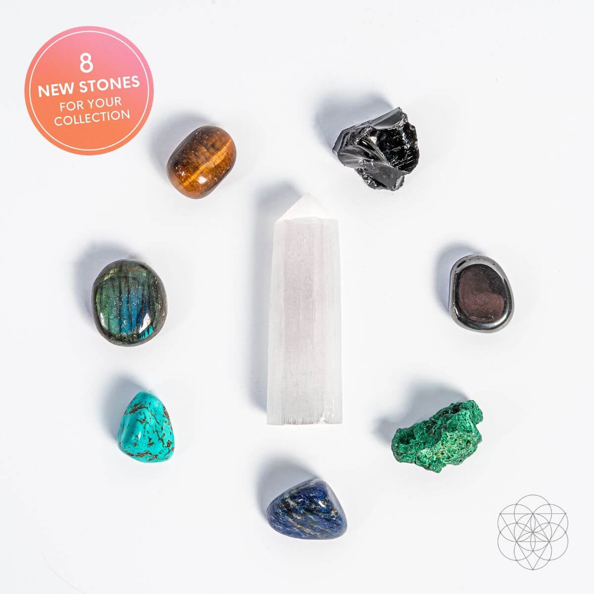 Selenite & Eight-Stone Crystal Lamp | Sacred Mandala