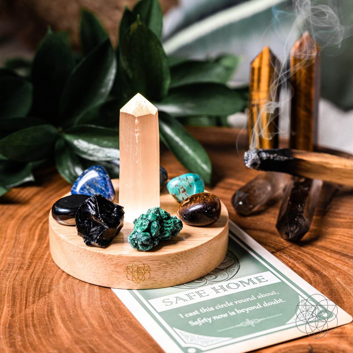 Selenite & Eight-Stone Crystal Lamp | Sacred Mandala