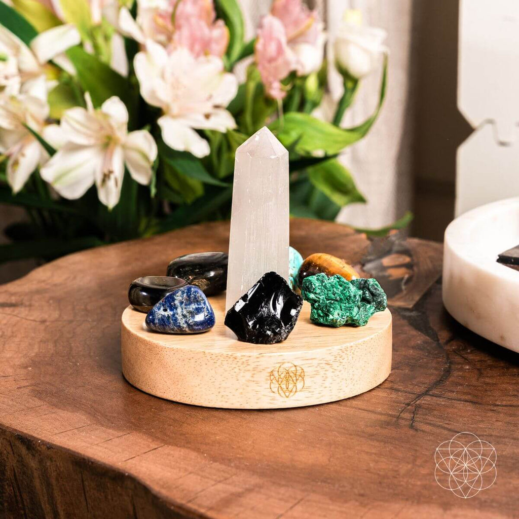 Selenite & Eight-Stone Crystal Lamp | Sacred Mandala