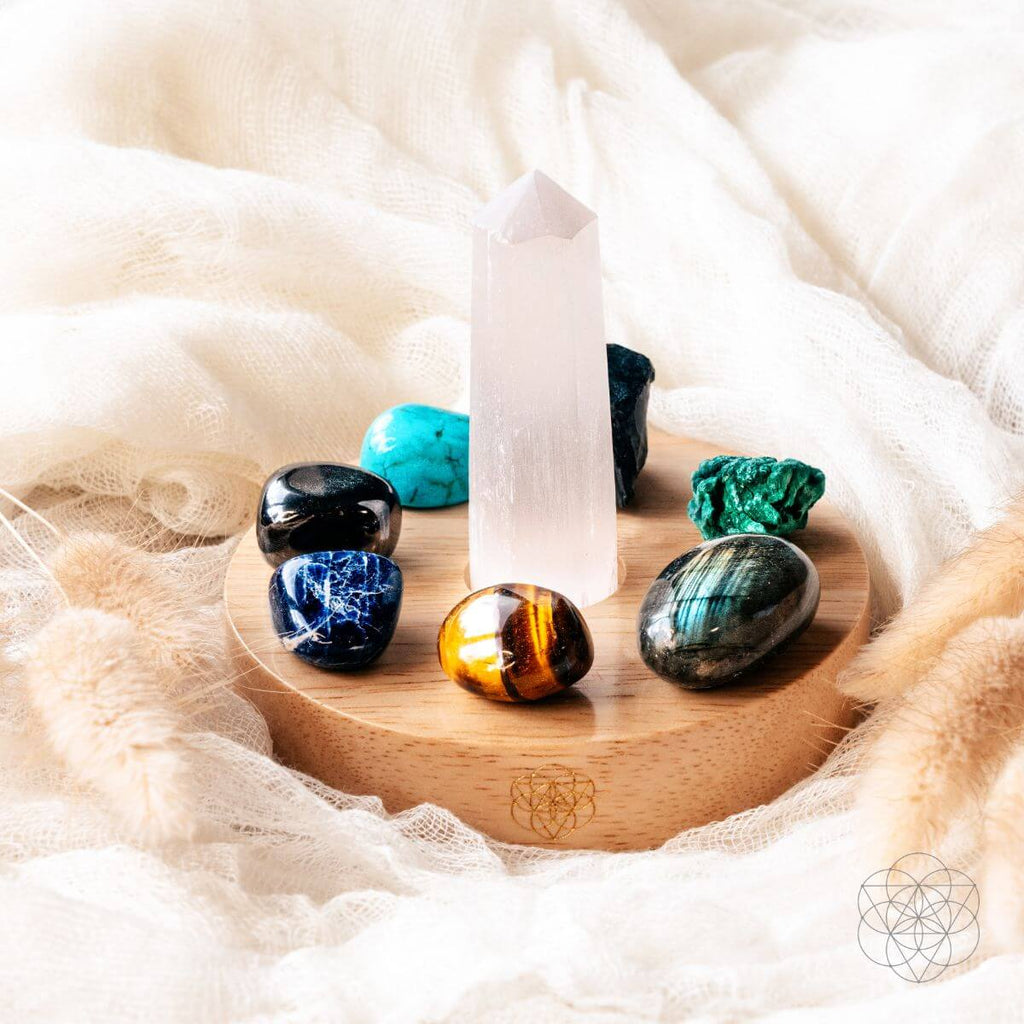 Selenite & Eight-Stone Crystal Lamp | Sacred Mandala
